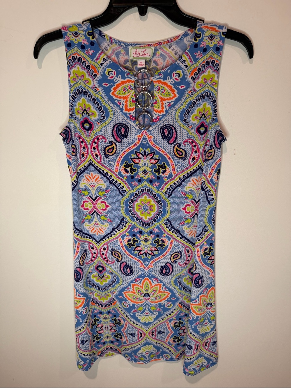 Sleeveless Blue Paisley Tank with Ring Detail